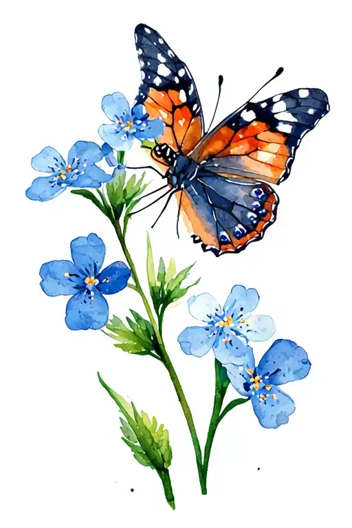 1 Red Admiral Butterfly With Forget-me-not Flower