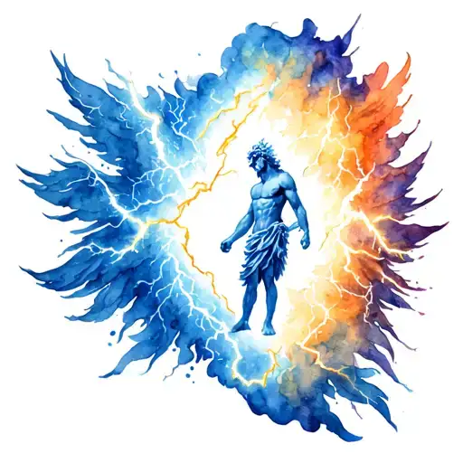 Zeus With Lightning Color Leg Tattoo Design