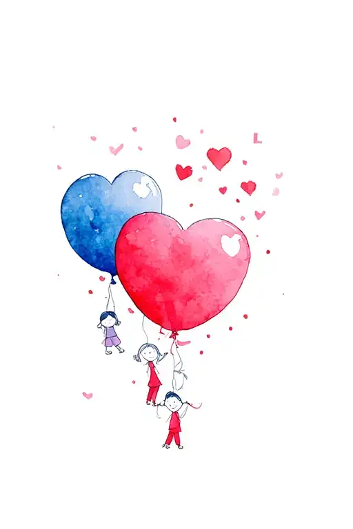 5 Cartoon Children Hanging From A Love Heart Balloon Colour Splash Background