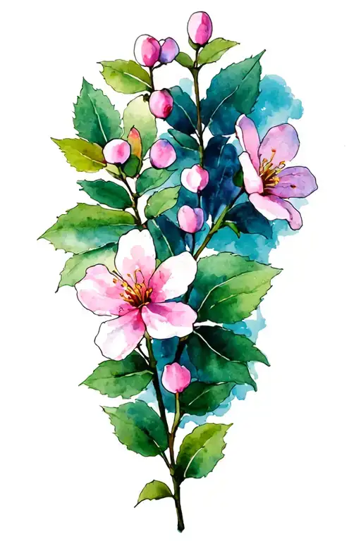 Cherry Blossem Branch And Flowers With A Heather Plant And Flowers All Entwined