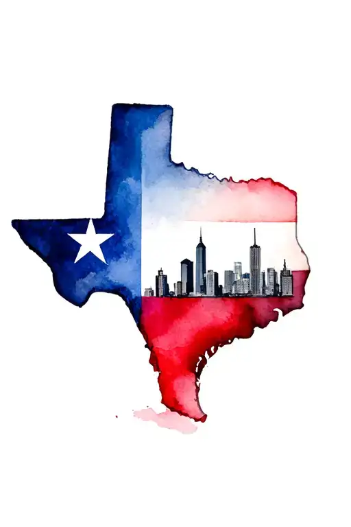 Shape Of The State Of Texas With The Texas Flag Colors Inside And The Dallas Skyline