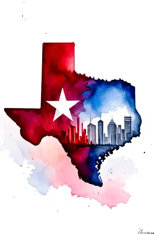 Shape Of The State Of Texas With The Texas Flag Colors Inside And The Dallas Skyline