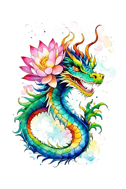 Colorful Dragon With Lotus Flowers