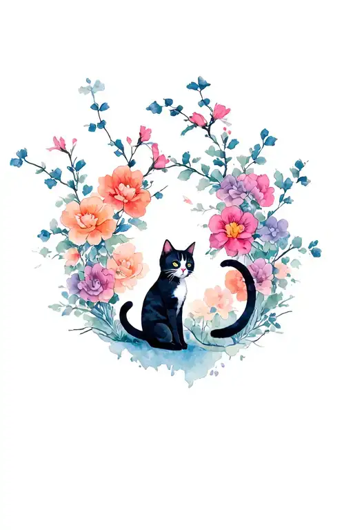 Japon Inspired Floral Design With Two Cats Playing