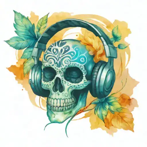 A Sugar Skull With Headphones And Music Notes Intertwined In The Design