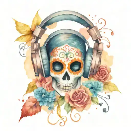 Day Of The Dead With Headphones And Music Notes Intertwined In The Design