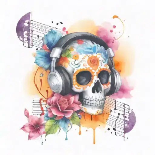 Day Of The Dead With Headphones And Music Notes Intertwined In The Design