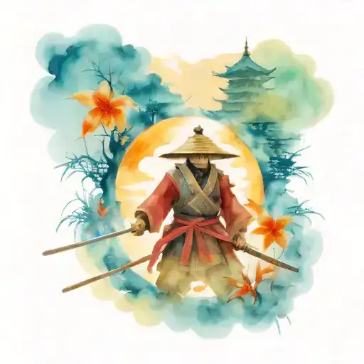 Samurai War Scene With Pagoda