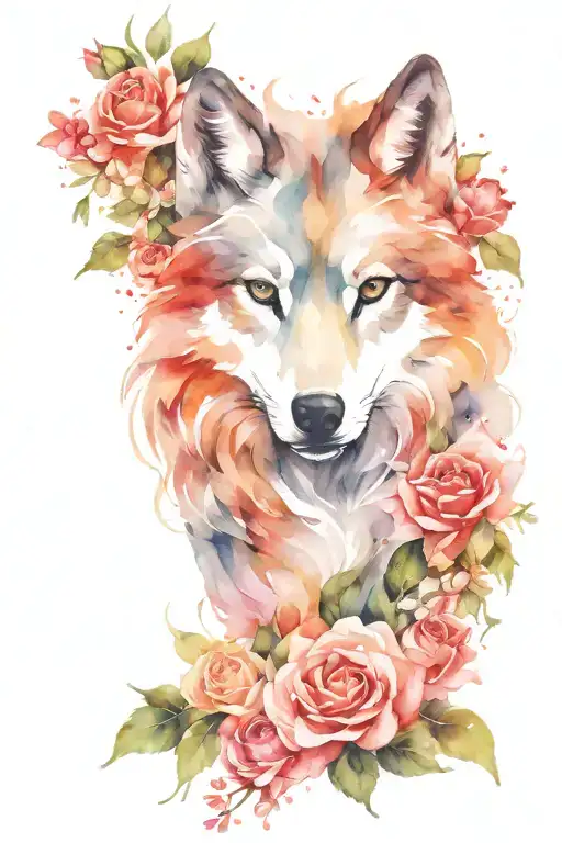 Wolf Blended By Roses Mayflowers