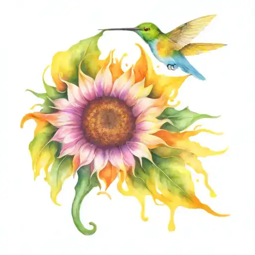 Sunflower With A Hummingbird Of Bright Colores Sucking Nectar