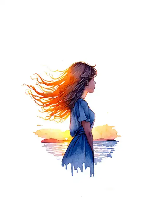 A Girl Watching The Sunset And The Wind Blowing Her Hair