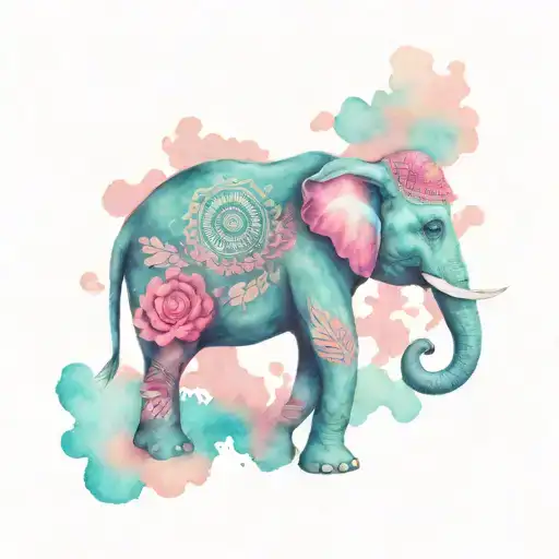 A Turquoise Elephant With Pink Accents And Native American Patterns