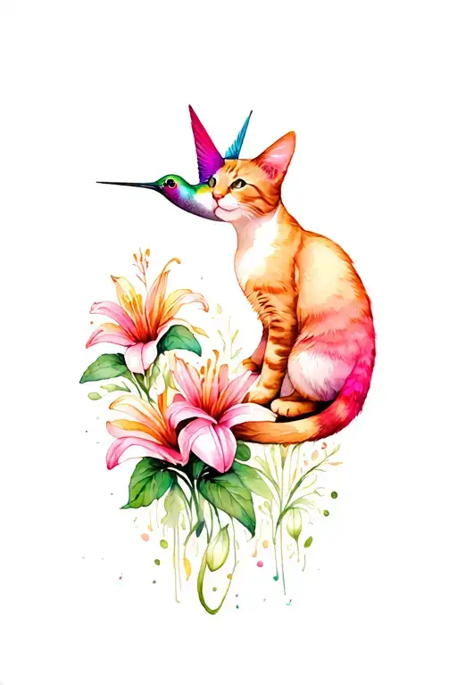 Cat And Hummingbird In A Lili Flower Garden