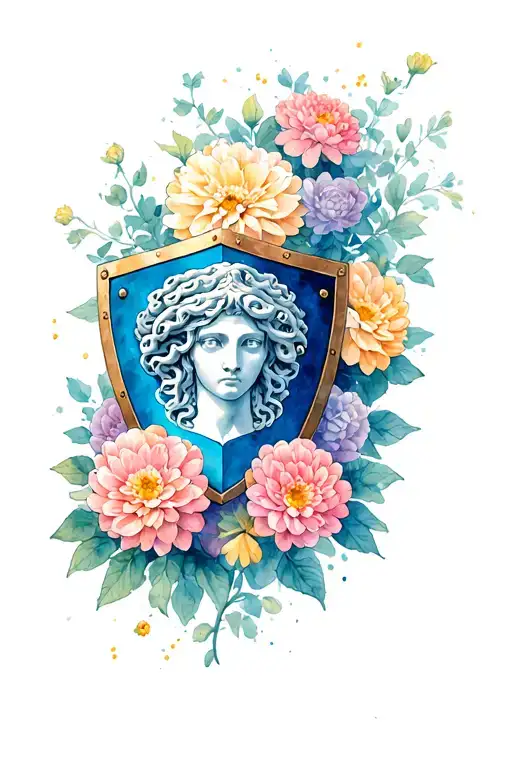 A Greek Shield With A Medusa Emblem Surrounded By Chrysanthemum Flowers