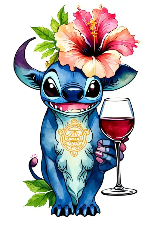 Stitch With A Glass Of Wine In Hand A Hibiscus Ornament With A Tattoo Astrological Sign Bull