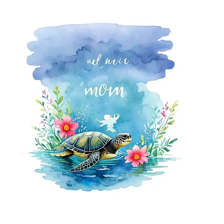 Mom Turtle Swimming Alongside Their Son With Flowers And Words