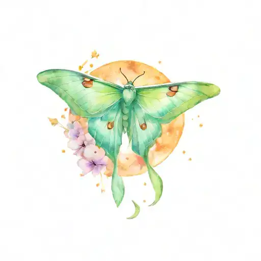 Luna Moth In The Night Sky With Rising Moon And Fireflies