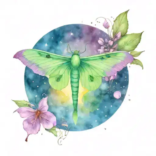 Luna Moth In The Night Sky Under A Rising Moon And Fireflies