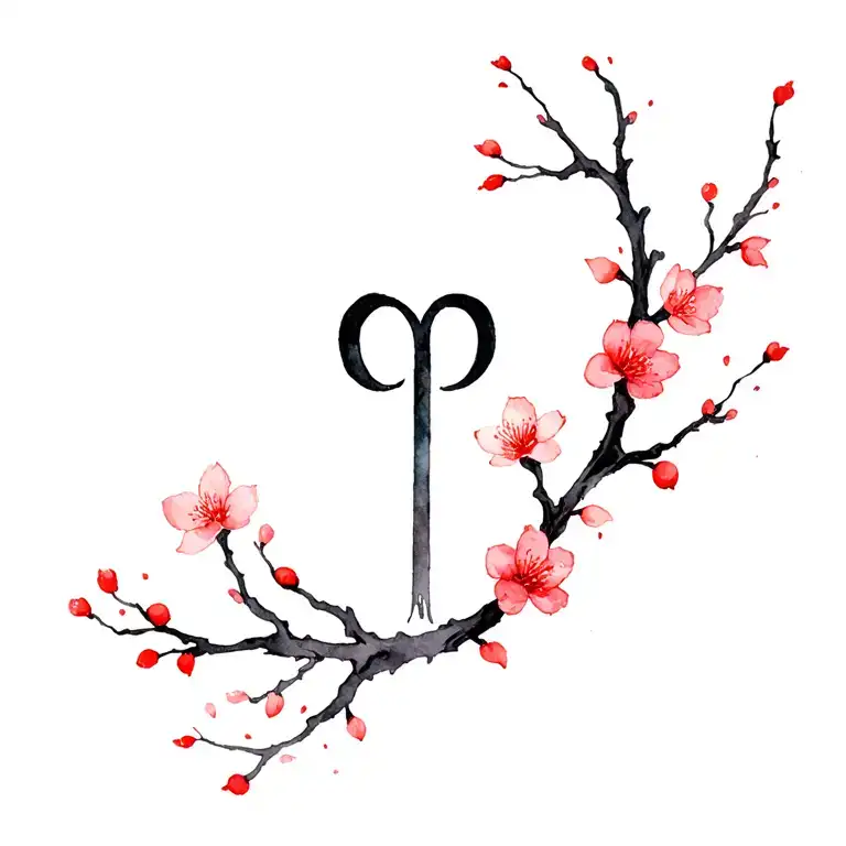 Gemini Symbol Black Vine With Red Cherry Blossoms Wrapped On It