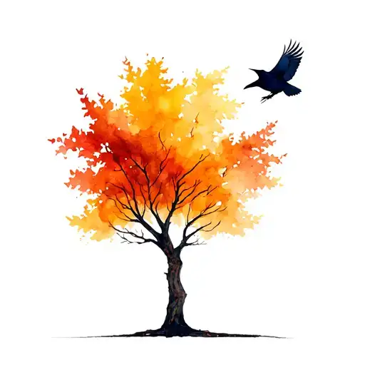 Tree Lossing It's Leaves In Fall And A Raven Flying