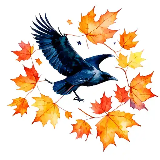 Falling Leaves In Autumn And A Raven Flying