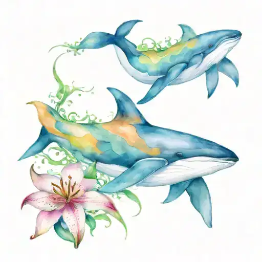 Abstract Lily Watercolour Whales Theme With Flowers