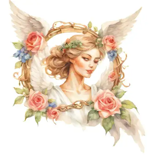 Angel Wings Woman With Tear Holding Roses And Wreath Entwined With Chain