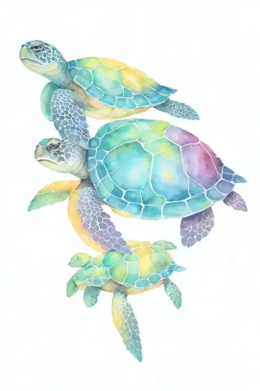 1 Adult Sea Turtle And 2 Baby Sea Turtle Swimming