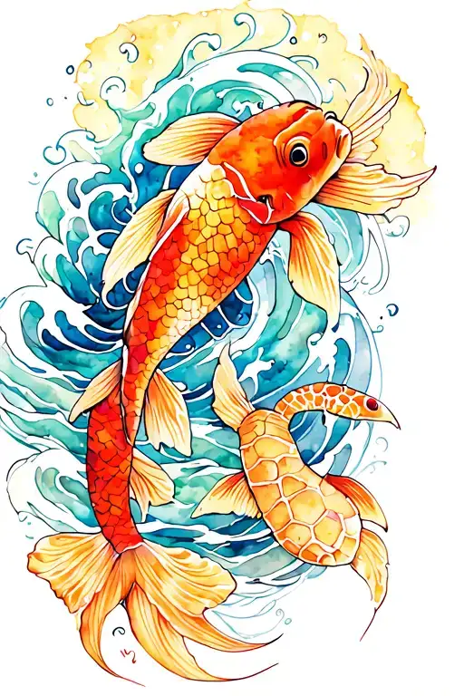 Half Sleeve Tattoo With Waves Koi And Sea Turtle