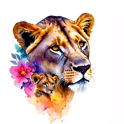 Fine Line Lioness With Two Cubs Profile Surrounded By Cresent Of Flowers