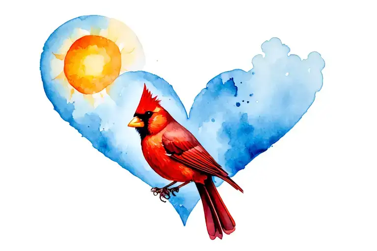 Red Cardinal In Sky Blue Heart With Sun In Corner