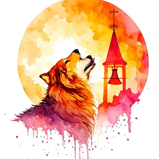 A Tattoo Design Of A Wolf Howling In Harmony With The Church Bells Ringing In The Background