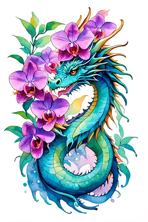 Dragon With Orchids Intertwined