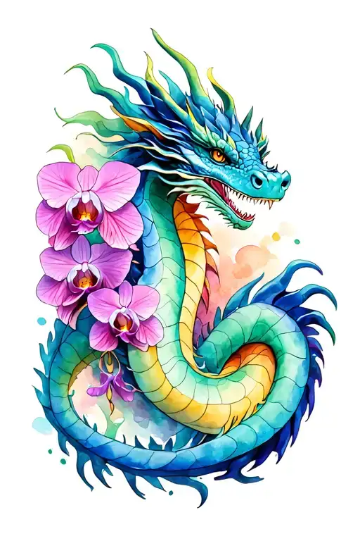 Dragon With Orchids Intertwined