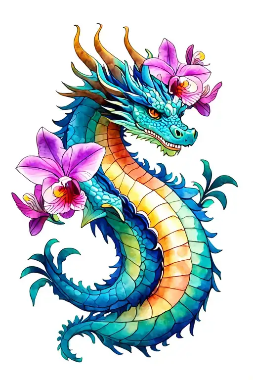 Dragon With Orchids Intertwined