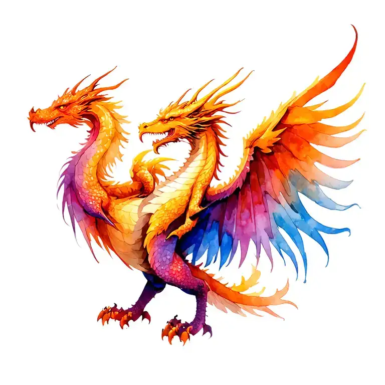 Half Dragon Half Phenix Wator Color Tattoo Design