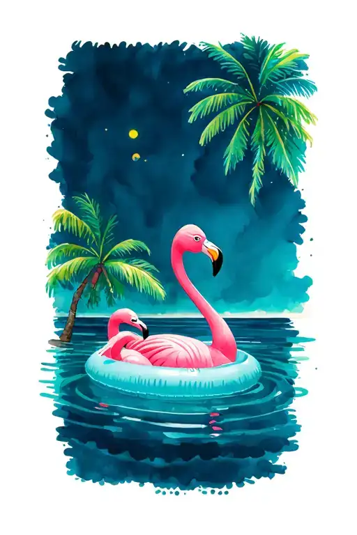 Flamingo In A Pool Float In Ocean With Palm Trees Colors Sunset
