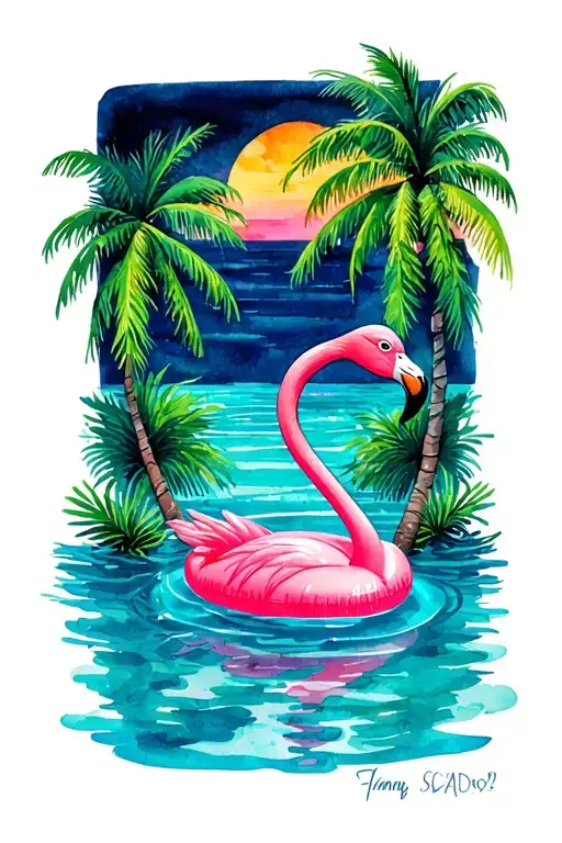 Flamingo In A Pool Float In Ocean With Palm Trees Colors Sunset