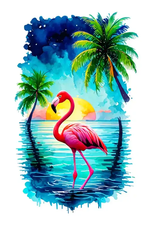 Flamingo Standing In Ocean With Palm Trees Colors Sunset