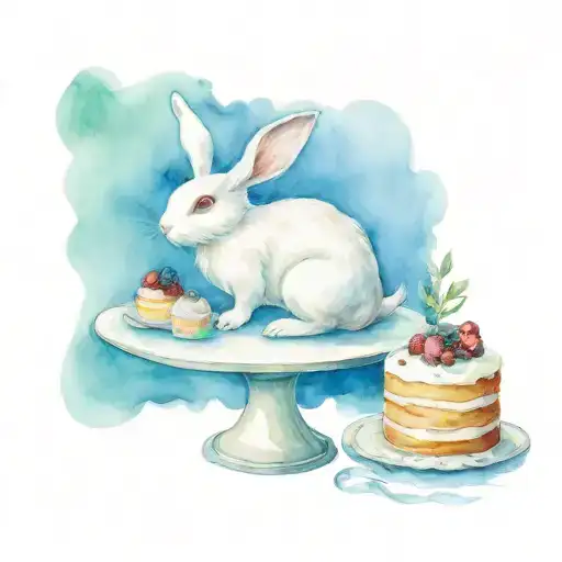 A Pretty White Rabbit Eating A Cake Which Is On A Cake Stand