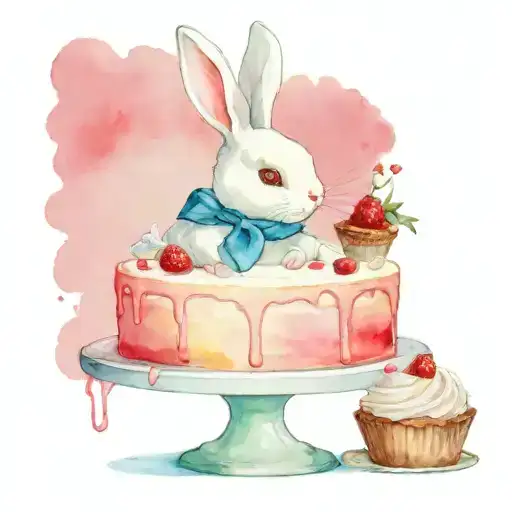A Pretty Cartoonish White Rabbit Eating A Cake Which Is On A Cake Stand