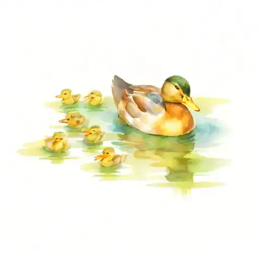 A Mother Duck Leading Her 7 Ducklings Through A Serene Pond