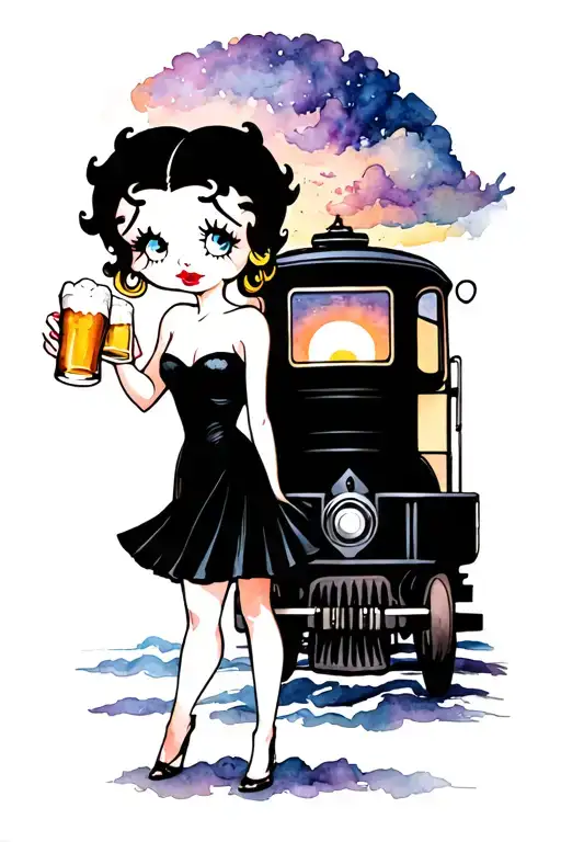 Betty Boop Drinking A Beer And Caboose Going Into Heavenly Sunset