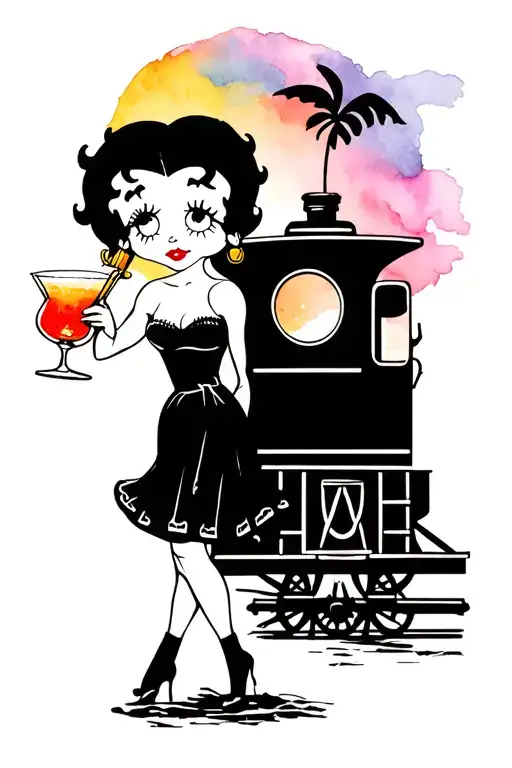 Betty Boop Drinking A Screwdriver And Caboose Going Into Heavenly Sunset