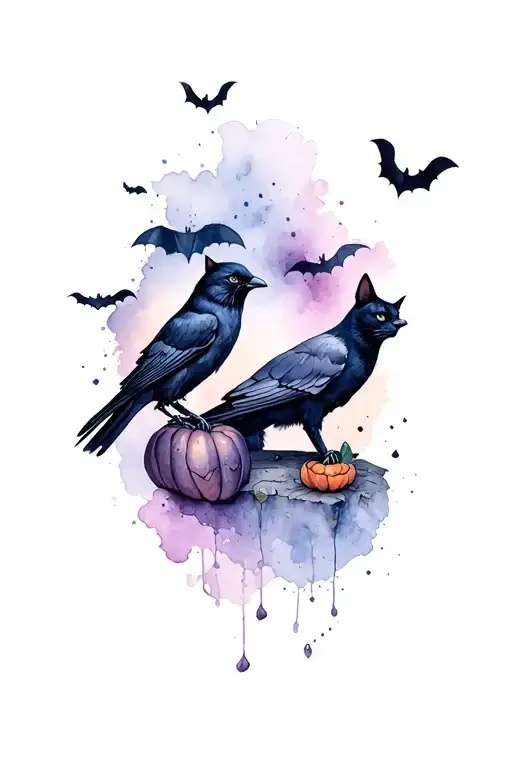 Cat And Crow Halloween Themed