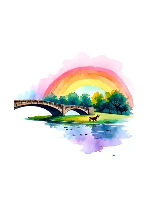 Rainbow Bridge Leading To Field With Pond And Dogs Playing