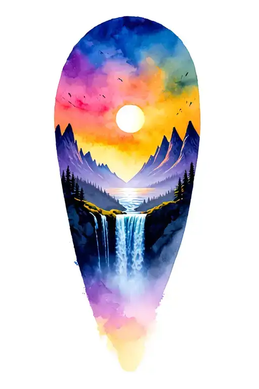 Waterfall Mountains Sunset