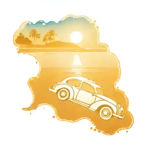 A Traditional Style Tattoo Of A Car Driving Along The Beach With A Scenic View In The Background