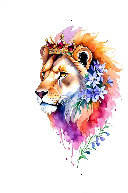 Lion With Ruby Crown And Larkspur Flower Blooming