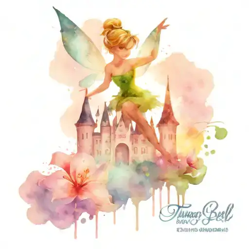 A Watercolor Silhouette Of Tinker Bell Sprinkling Pixie Dust Over A Magical Castle